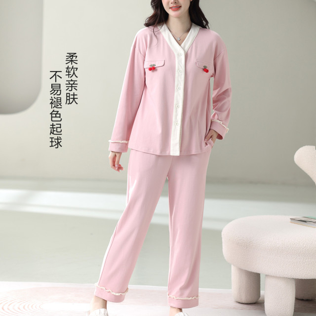 9910282.古今纯棉V领开衫宽松长袖睡衣女士家居服套装