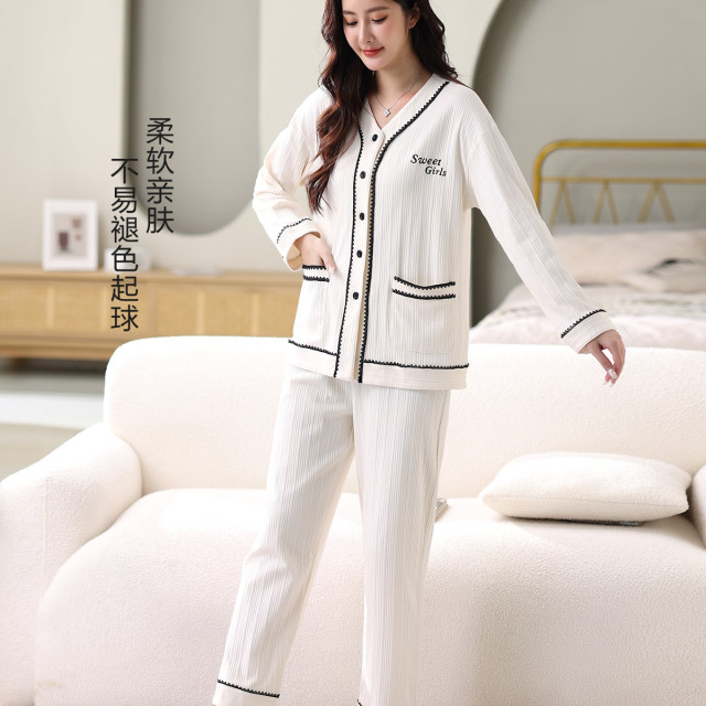 9916072.古今纯棉V领开衫宽松长袖睡衣女士家居服套装
