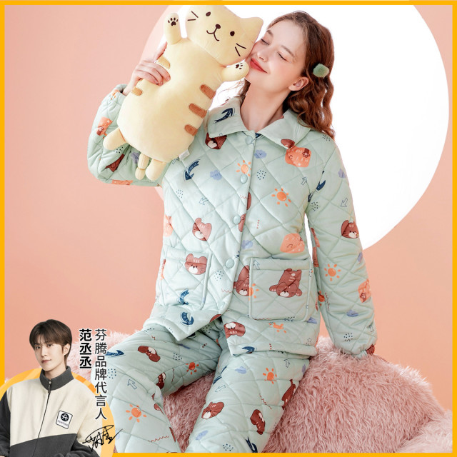 9937459.芬腾【防静电三层夹棉】秋冬翻领小熊加厚保暖女士家居服睡衣套装女