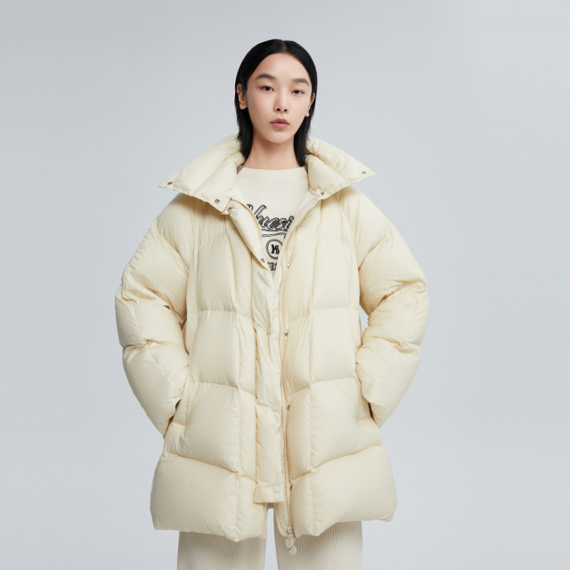 9944469.冬季时尚纯色百搭面包羽绒服女宽松立领白鸭绒外套