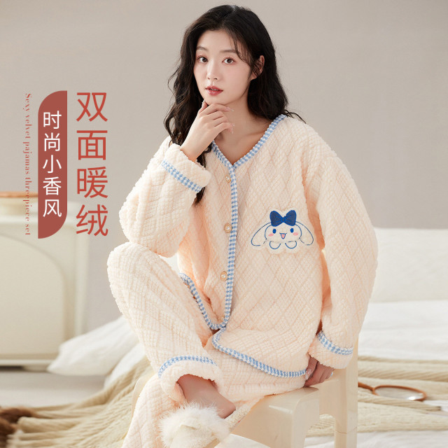 9958864.古今加绒加厚V领开衫可爱卡通长袖睡衣女士家居服套装