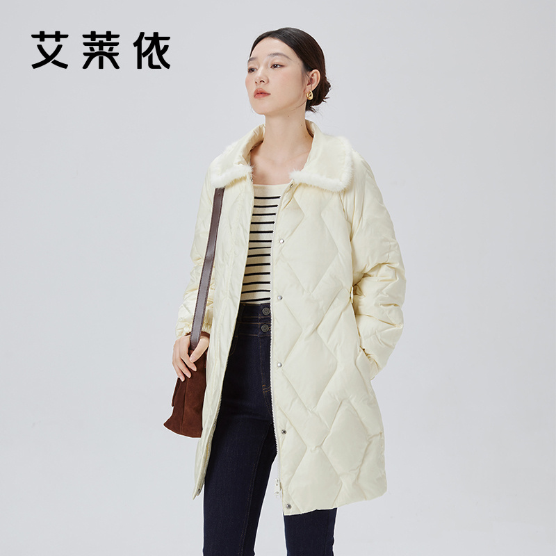 10917537.艾莱依小香风羽绒服女毛领绗缝气质收腰中长款翻领外套冬