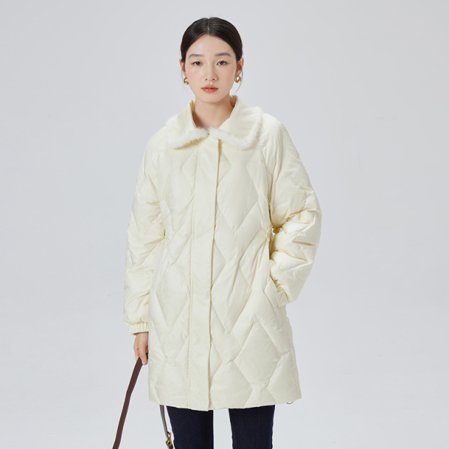 10917537.艾莱依小香风羽绒服女毛领绗缝气质收腰中长款翻领外套冬