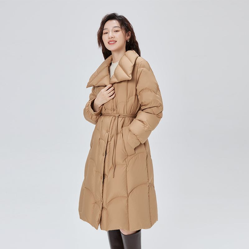 10917535.【限时直降34元】艾莱依翻领羽绒服冬季女长款收腰气质时尚设计感鸭绒外套