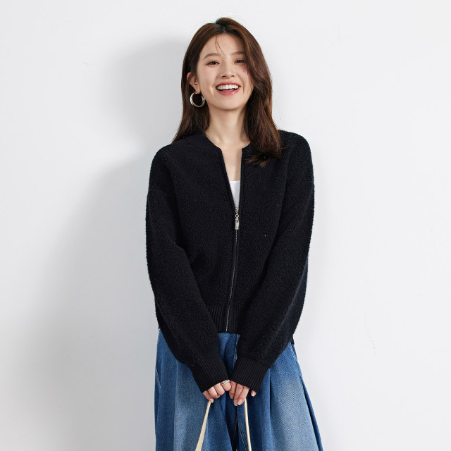 10031451.思诺芙德秋冬新款纯色圆领开衫女式羊毛衫