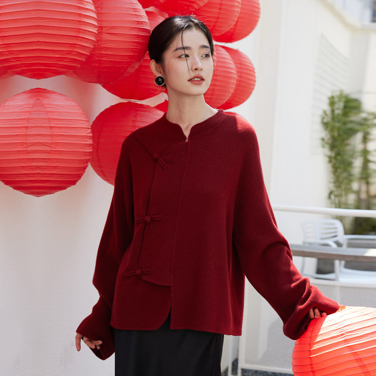 10030067.思诺芙德立领中式盘扣纯色长袖开衫女式羊绒衫