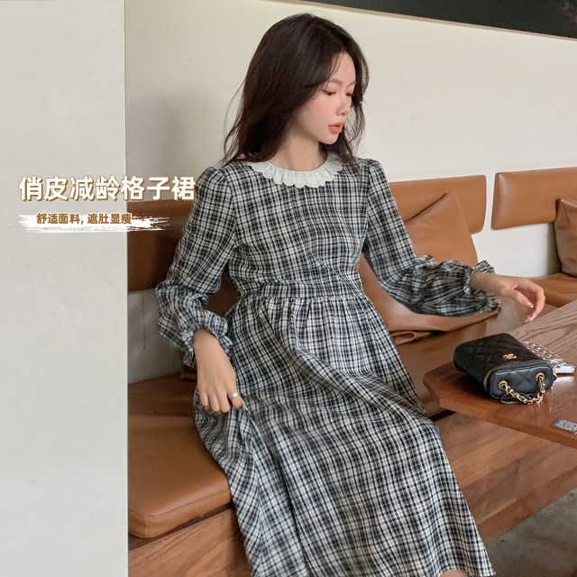 12999393.条纹连衣裙花边圆领格子可收腰连衣裙时尚高级感春秋款孕妇裙子