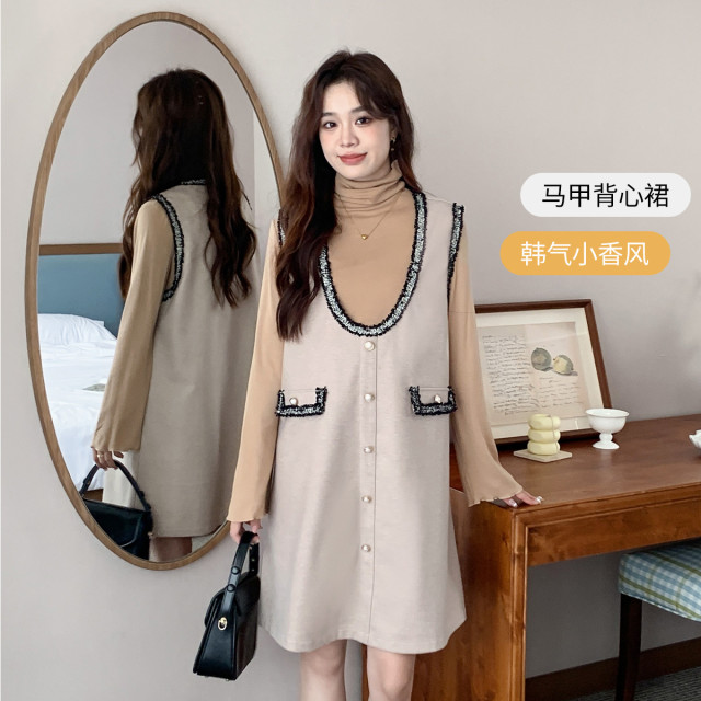 10057415.兔妈孕妇装秋冬季新款孕妇背心裙呢子外穿小香风连衣裙大码显瘦厚冬装
