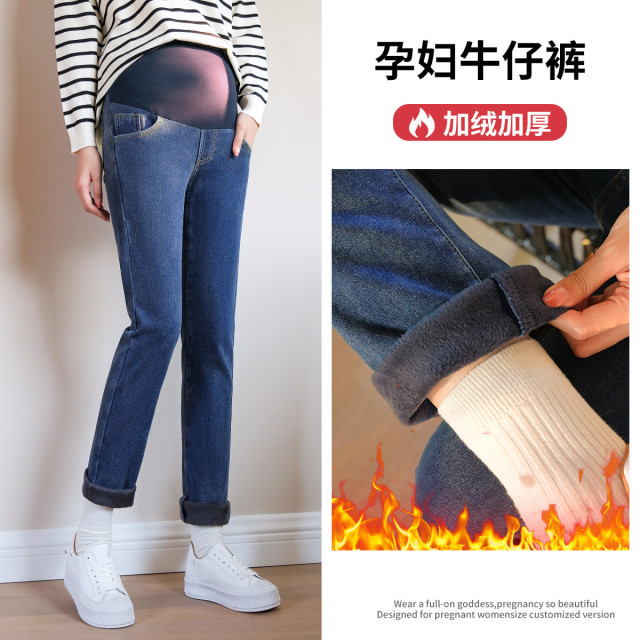 10057336.兔妈孕妇装秋冬季新款孕妇裤宽松直筒裤加绒加厚牛仔裤外穿休闲长裤子