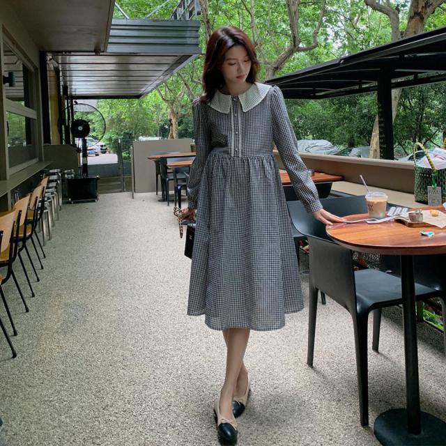 12999126.孕妇装春秋新款收腰格子孕妇哺乳连衣裙高腰活泼减龄外出孕妇裙子