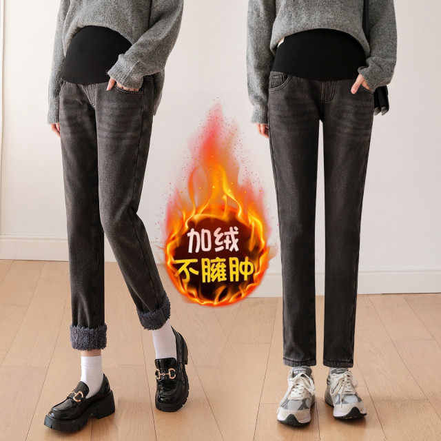 10055091.兔妈孕妇裤子秋冬季加绒牛仔裤孕妇装哈伦长裤冬装老爹裤休闲萝卜裤子