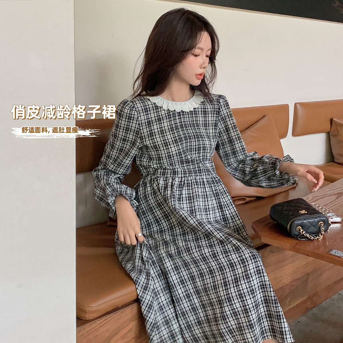 12999393.条纹连衣裙花边圆领格子可收腰连衣裙时尚高级感春秋款孕妇裙子