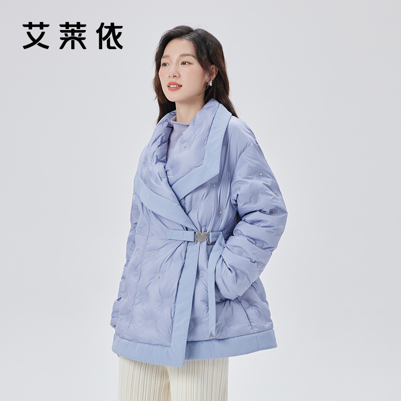 10917450.艾莱依翻领羽绒服女气质时尚斜门襟收腰短款鸭绒冬季外套
