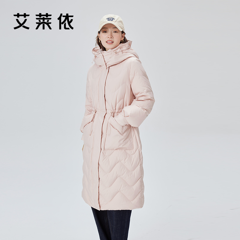 10917461.艾莱依绗缝羽绒服女连帽长款收腰鸭绒设计感H版冬季外套