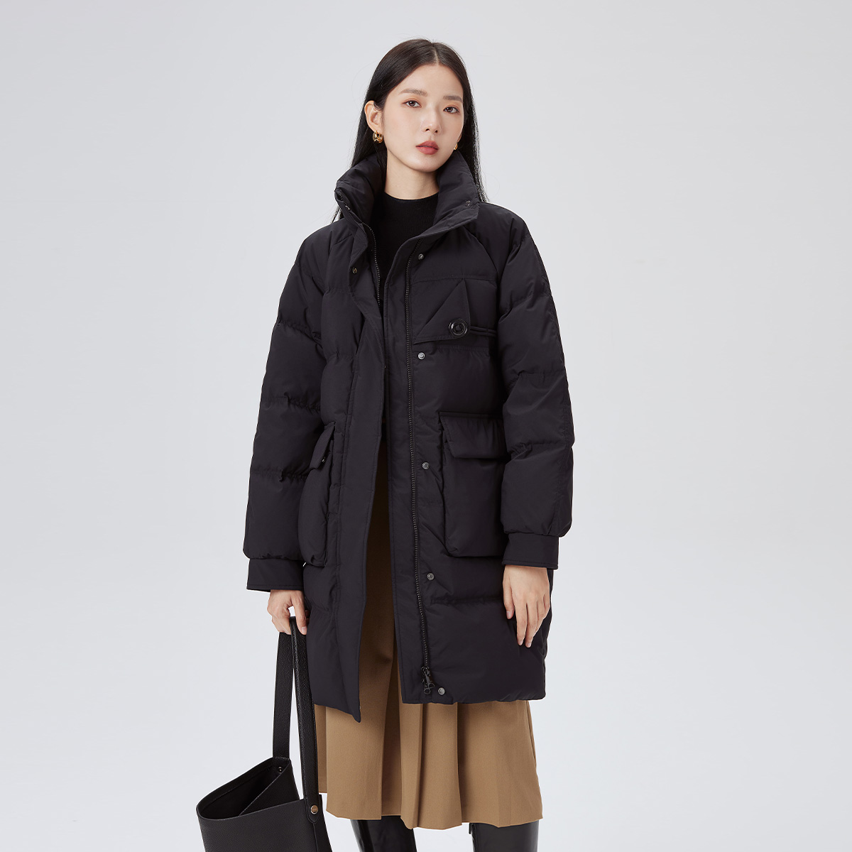10917437.艾莱依防风立领直筒羽绒服女鸭绒中长款秋冬工装大口袋外套