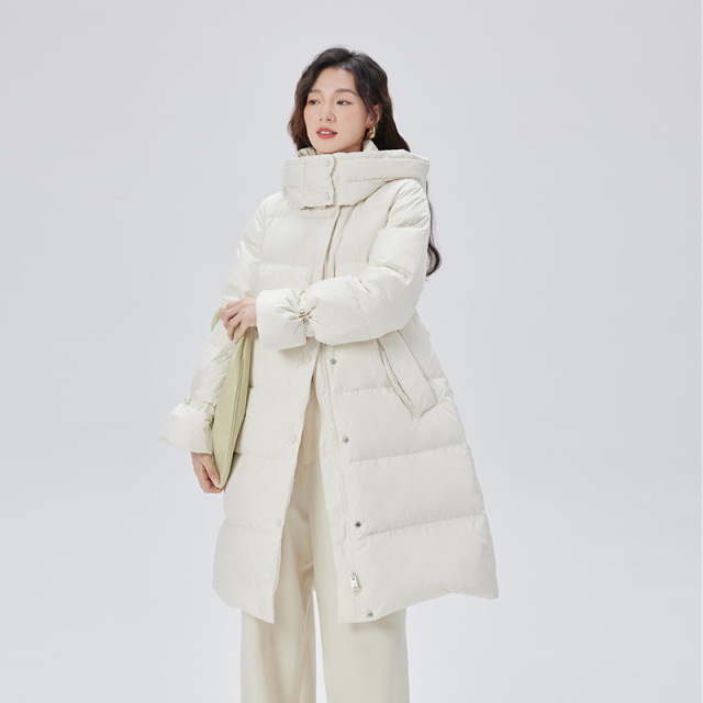 10917434.艾莱依收腰羽绒服女时尚设计感中长款鸭绒保暖连帽外套冬