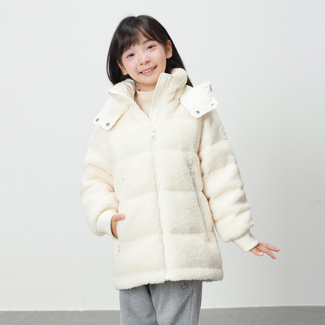10917394.【亲子款】艾莱依儿童羽绒服男女童仿羊羔毛可拆卸连帽保暖短款外套