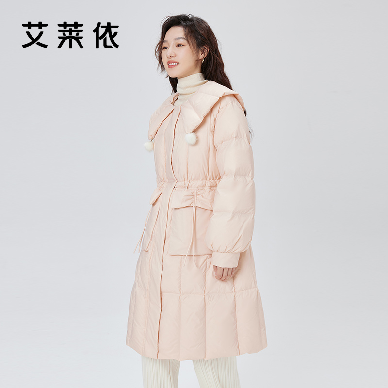 10917486.艾莱依粉色大翻领羽绒服女长款甜美冬季外套