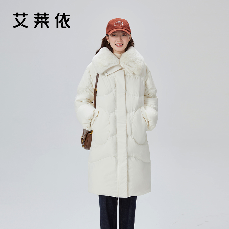 10917491.艾莱依毛领羽绒服女中长款时尚韩版翻领鸭绒保暖冬季外套