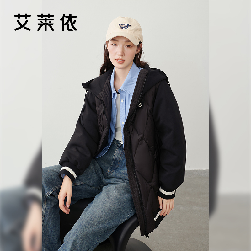 10917431.艾莱依拼接卫衣式羽绒服女连帽年秋冬季时尚防风鸭绒外套