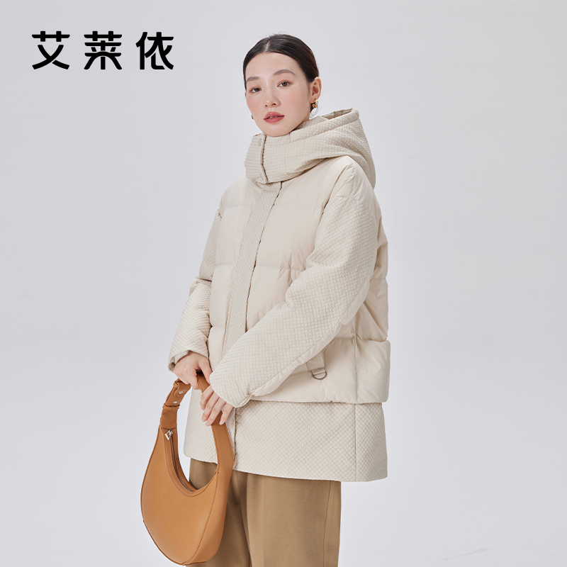 10917473.艾莱依绗缝羽绒服女肌理感时尚简约短款连帽保暖外套冬季