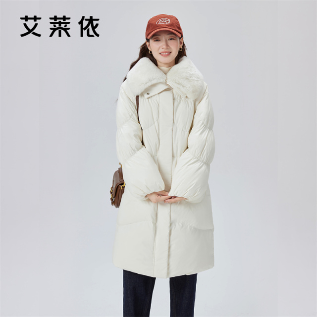 10917491.艾莱依毛领羽绒服女中长款时尚韩版翻领鸭绒保暖冬季外套