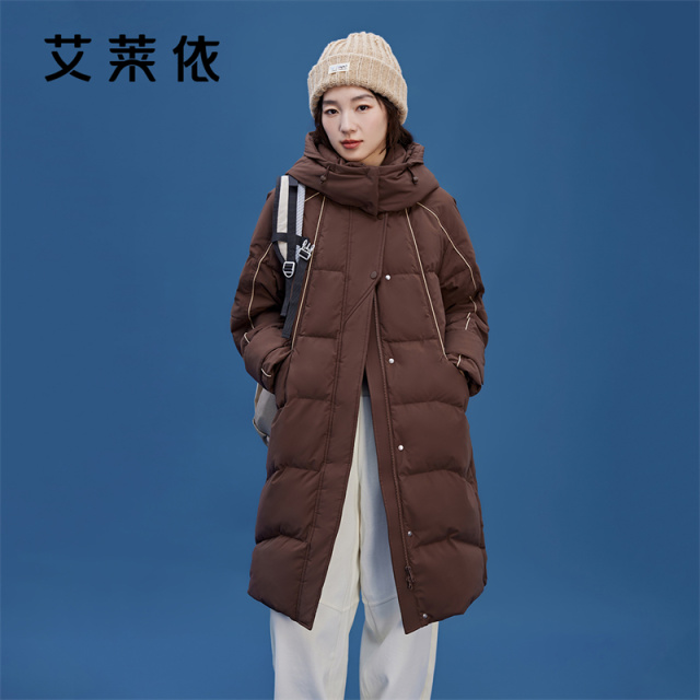10917485.艾莱依加厚连帽韩版设计感鸭绒长款羽绒服