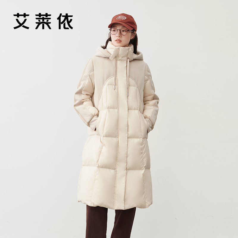 10917424.艾莱依拼接羽绒服女设计感保暖长款时尚连帽鸭绒冬季外套