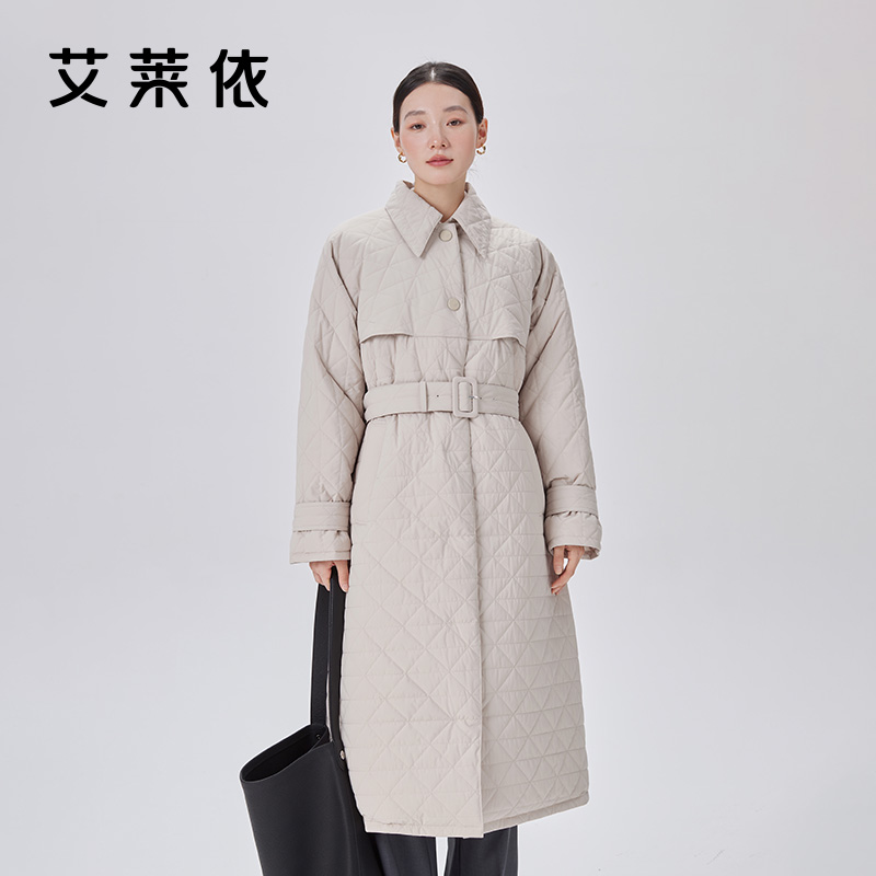 10917385.艾莱依长款鹅绒服收腰系带通勤文艺保暖设计感羽绒服女冬