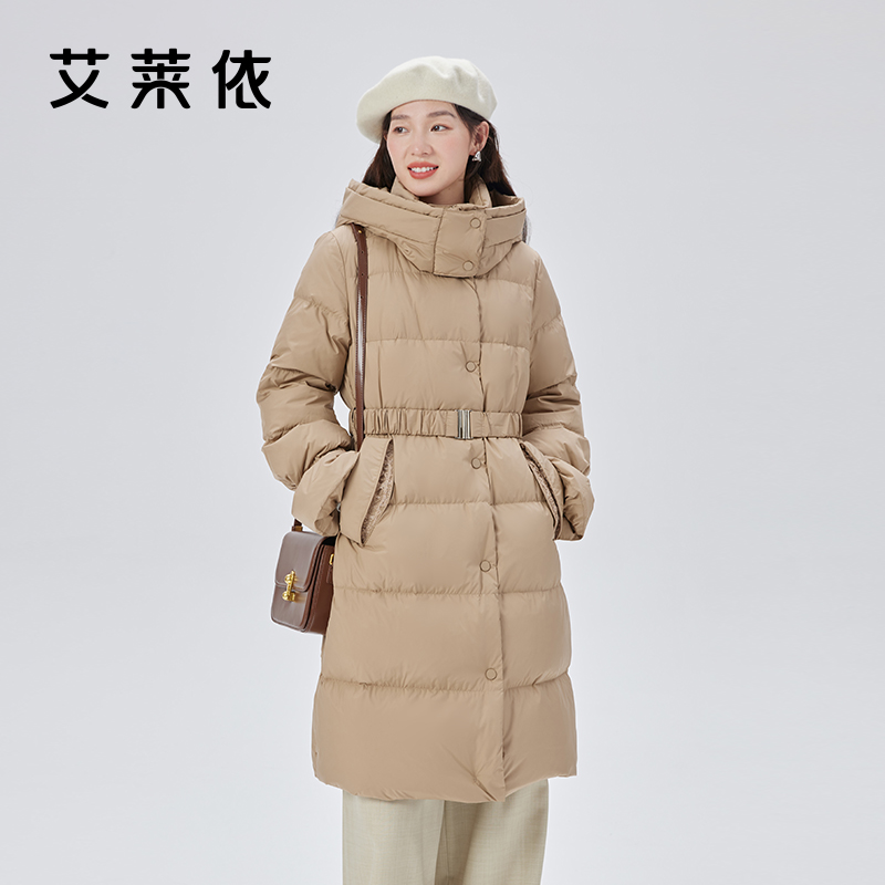 10917434.艾莱依收腰羽绒服女时尚设计感中长款鸭绒保暖连帽外套冬