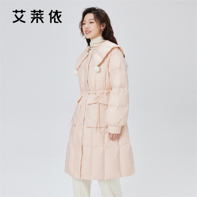10917486.艾莱依粉色大翻领羽绒服女长款甜美冬季外套
