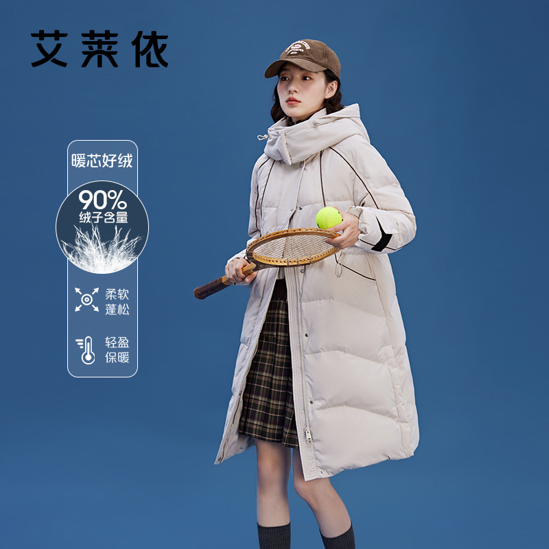 10917485.艾莱依加厚连帽韩版设计感鸭绒长款羽绒服