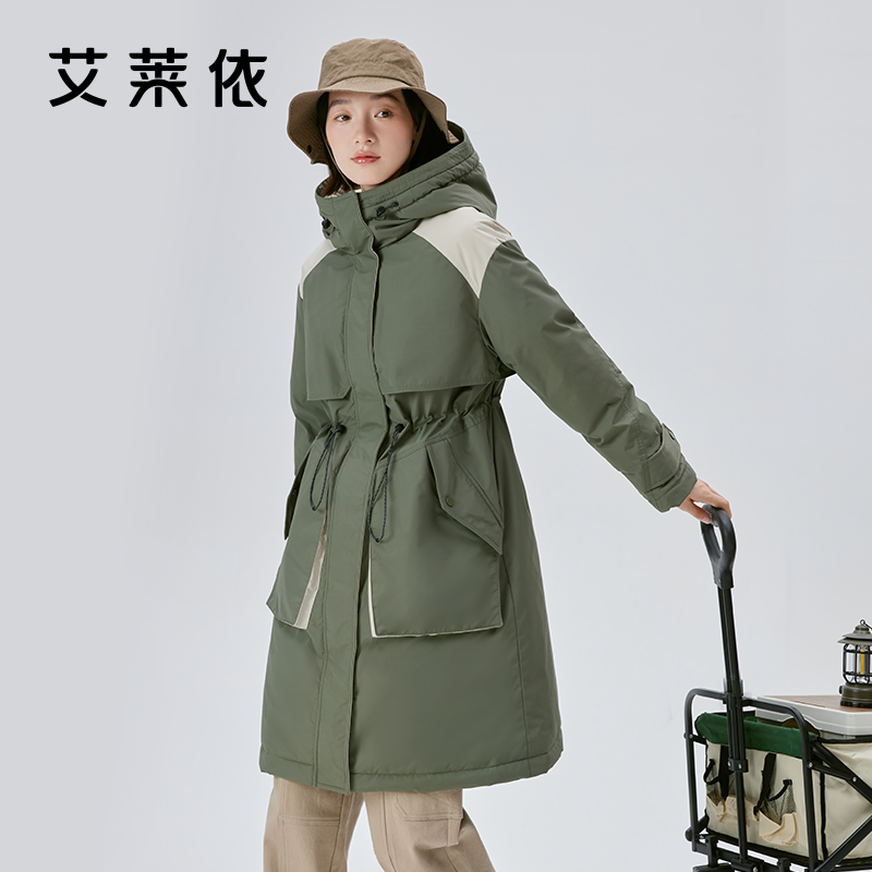 10917398.艾莱依时尚户外运动工装风羽绒服女冬季防风中长款鸭绒外套