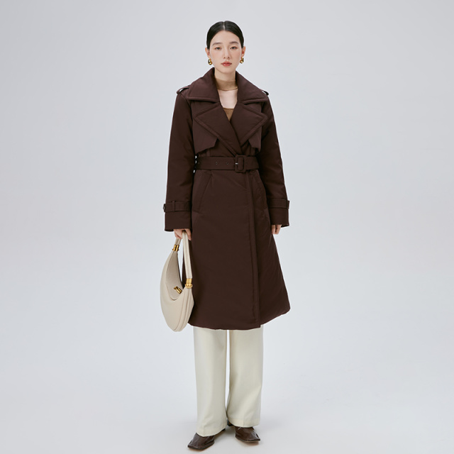 10917454.艾莱依风衣式羽绒服女西装领长款收腰设计感通勤冬季外套