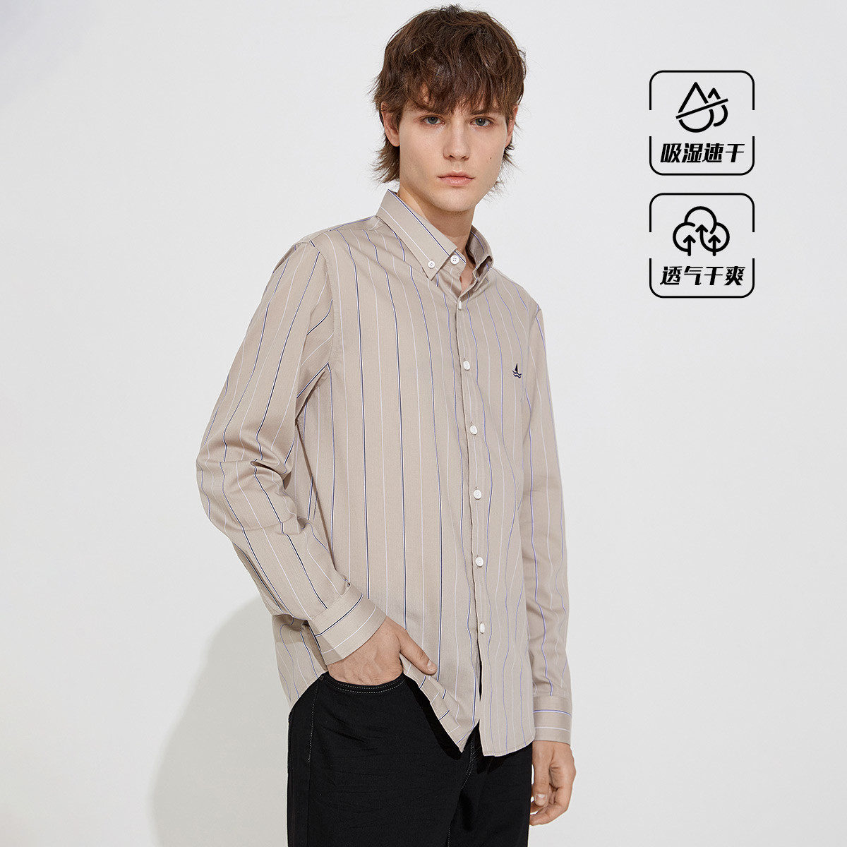 10154961.意大利小帆船 23秋季新品休闲帆船刺绣条纹吸湿男士长袖衬衫