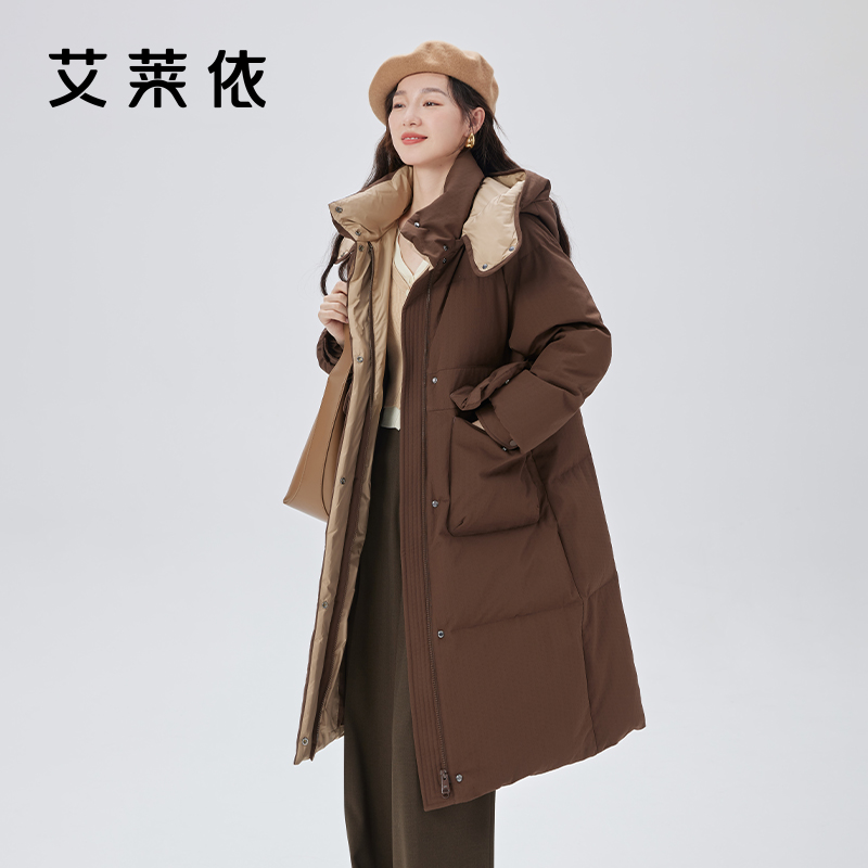 10917374.【限时直降74元】艾莱依撞色羽绒服女时尚可脱卸连帽长款加厚设计外套
