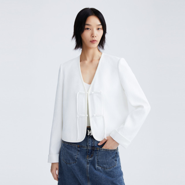 10239893.秋季简约白香风简约v领外套职场通勤女士长袖上衣