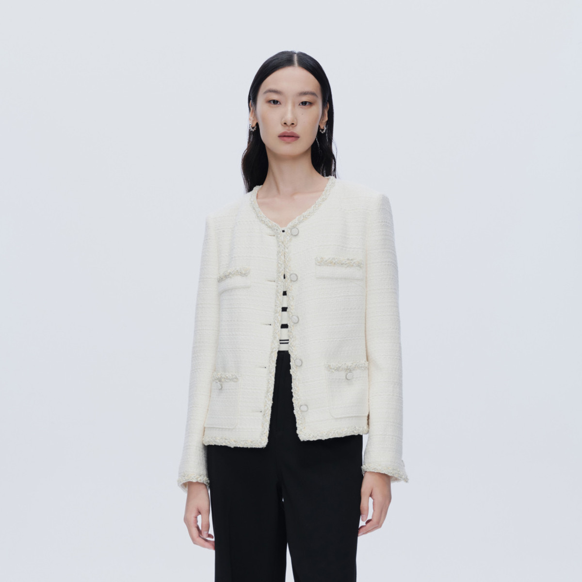 10240712.【商场同款】春季优雅金葱粗花呢珍珠米白女士小香风外套
