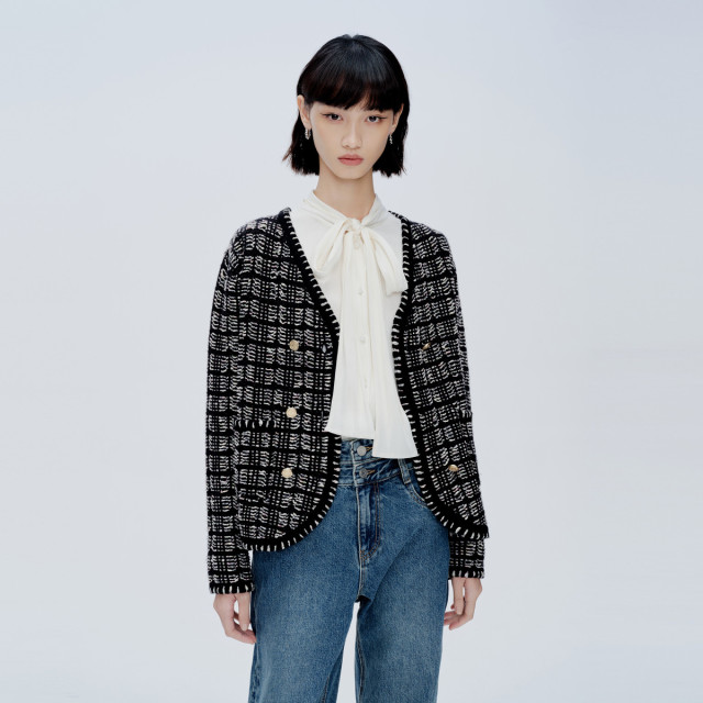 10234943.【商场同款】春季含绵羊毛外套肌理感双排扣女士针织衫开衫