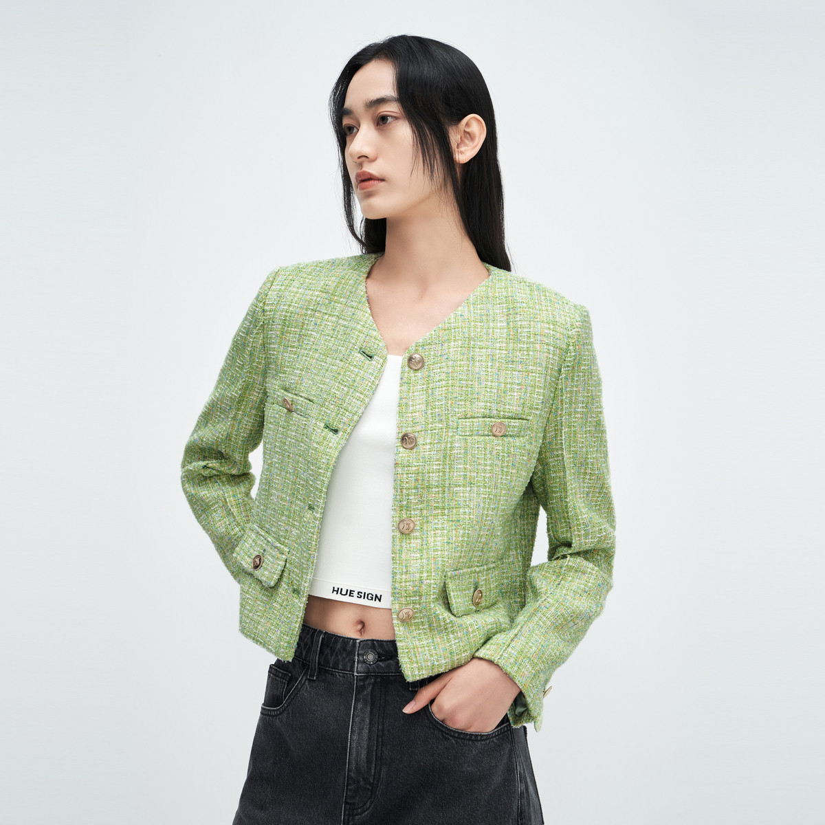 10255011.2024春季新款优雅青提绿棉感纱线肌理感女士香风外套