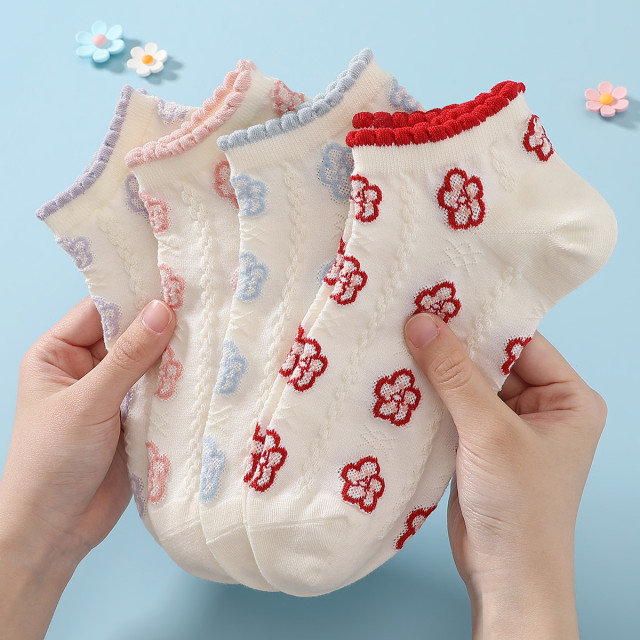 10257701.芬腾【精梳棉花朵】4双装花边不磨脚跟提花可爱短袜女士袜子女