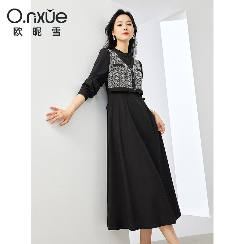 10271582.欧昵雪【假两件马甲拼接连衣裙】新款浪漫摩登显瘦女士长裙