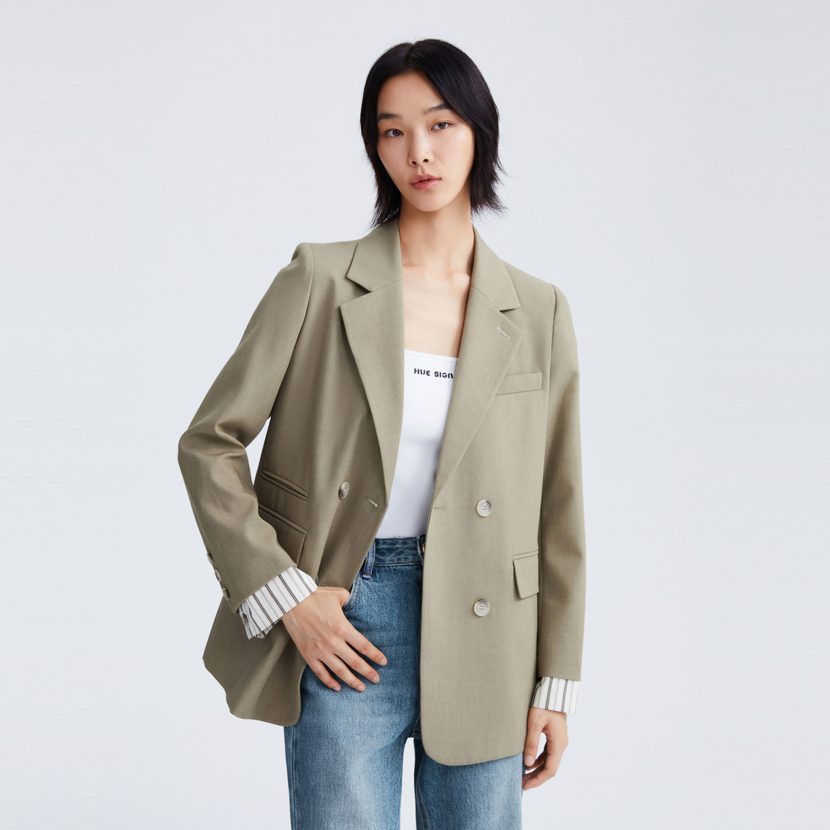 10348491.春季商务通勤上衣袖口撞色条纹女士西装外套