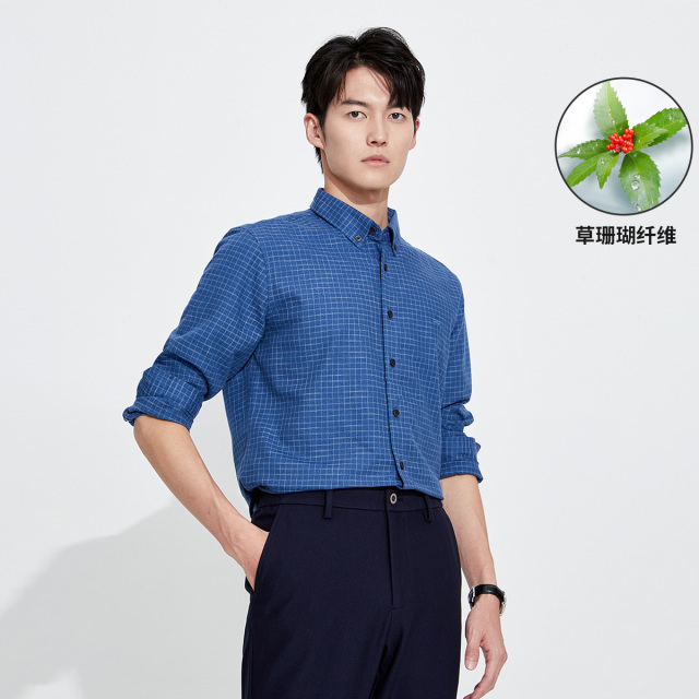 10340306.意大利小帆船 秋季休闲舒适透气顺滑格纹男士长袖衬衫