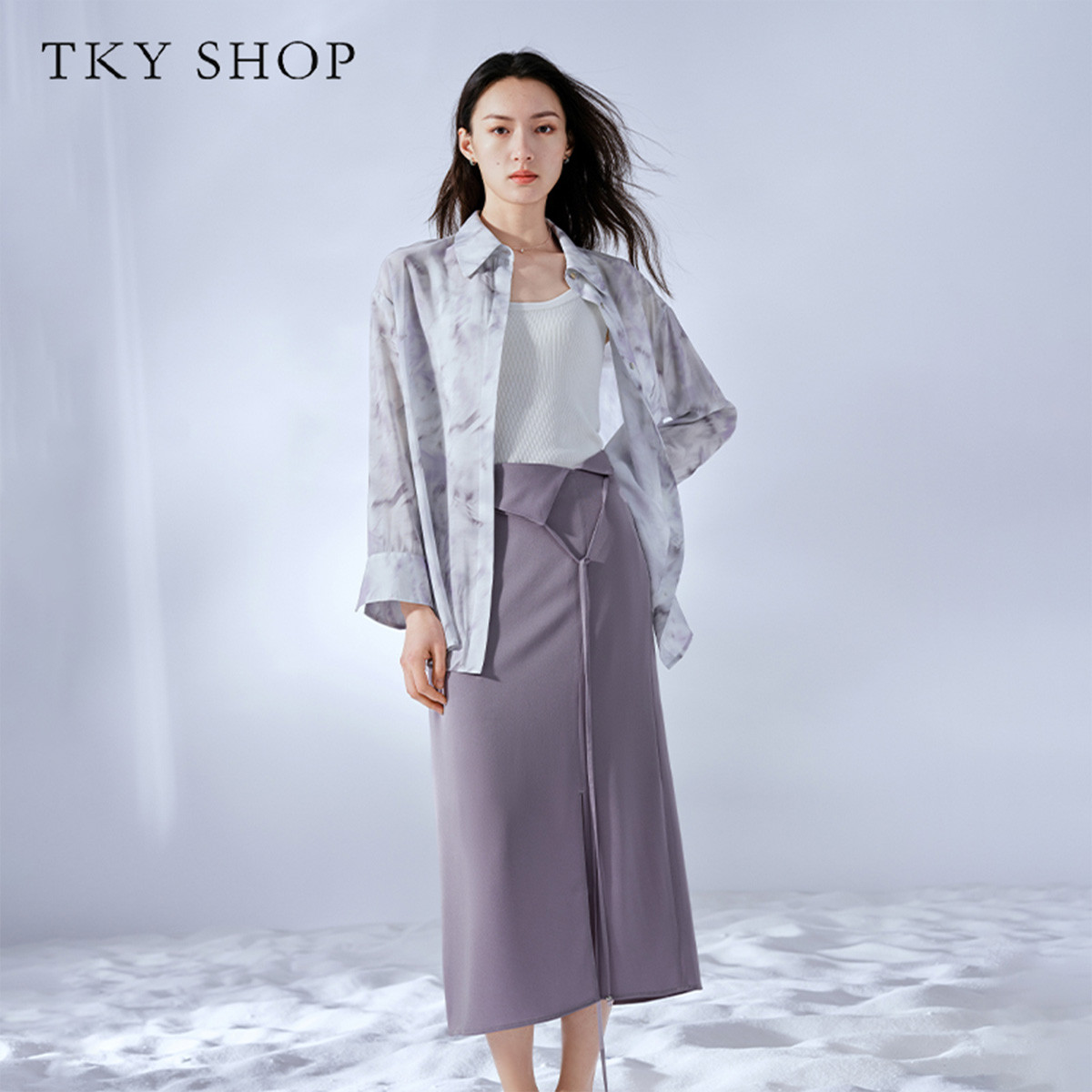 10339080.【专柜同款】纯色系优雅系带中长裙女春秋款垂感开叉裙