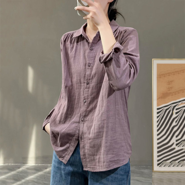 13460933.初云紫衣春秋装 女复古舒服长袖衬衫上衣纯色文艺清新百搭气质衬衣0408
