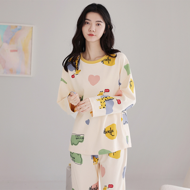 10361510.培蒙睡衣女春秋季薄款纯棉长袖长裤套装新款全棉圆领可外穿家居服套装