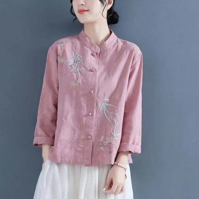 13458896.初云紫衣春秋装 女中国风立领刺绣衬衫复古盘扣长袖茶服宽松上衣8889
