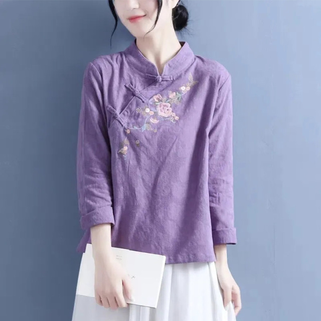 13458865.初云紫衣春秋装 女中国风立领盘扣绣花长袖文艺复古衬衫0414