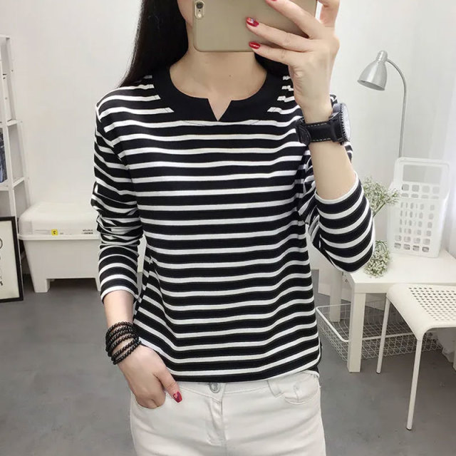 13458914.初云紫衣春秋装 女韩版长袖小V领条纹显瘦外穿百搭打底衫上衣0681